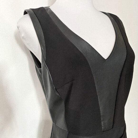 NWT FRANK LYMAN BLACK FAUX LEATHER DRAPED COMBO SLEEVELESS SHEATH COCKTAIL DRESS - Picture 4 of 12